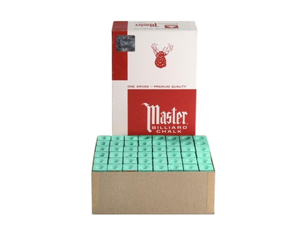 Master Billiard Pool Chalk, Pack of 144 Cubes, Green, with Protective Box - Professional Billiards Chalk for Smooth, Even Coating on Cue Tip - Pool Table Accessories Gifts for Men