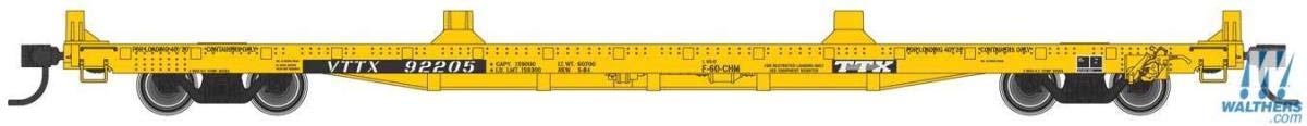 Walthers Mainline HO Scale 1/87 60' Pullman-Standard Flatcar - Ready to Run - TTX VTTX #92205 (20' and 40' Container Loading, Yellow, Black, White)