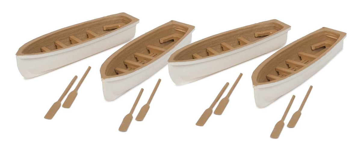 Walthers SceneMaster HO Scale Scenery Set Row Boat 4-Pack (Assembled) White/Tan