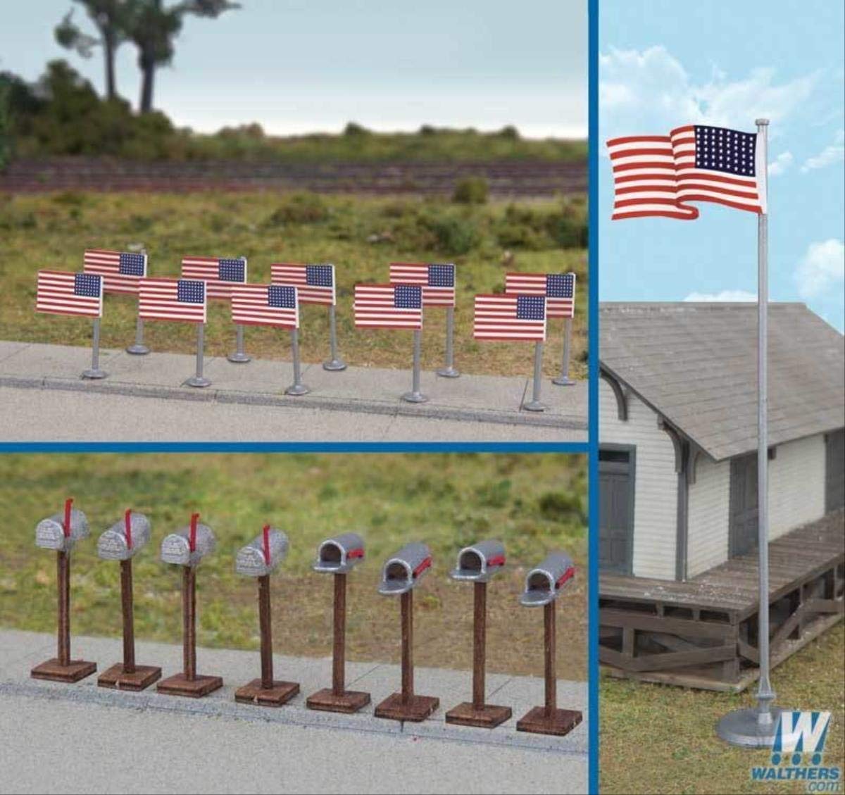 Walthers SceneMaster HO Scale Scenery Set 48-Star American/US Flags/Mailboxes