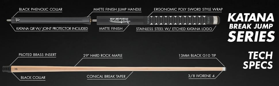 KATANA KATBJ01 Break Jump Pool Cue - Matte Black Finish with Grey Stripes and Reflective Logos - 25oz