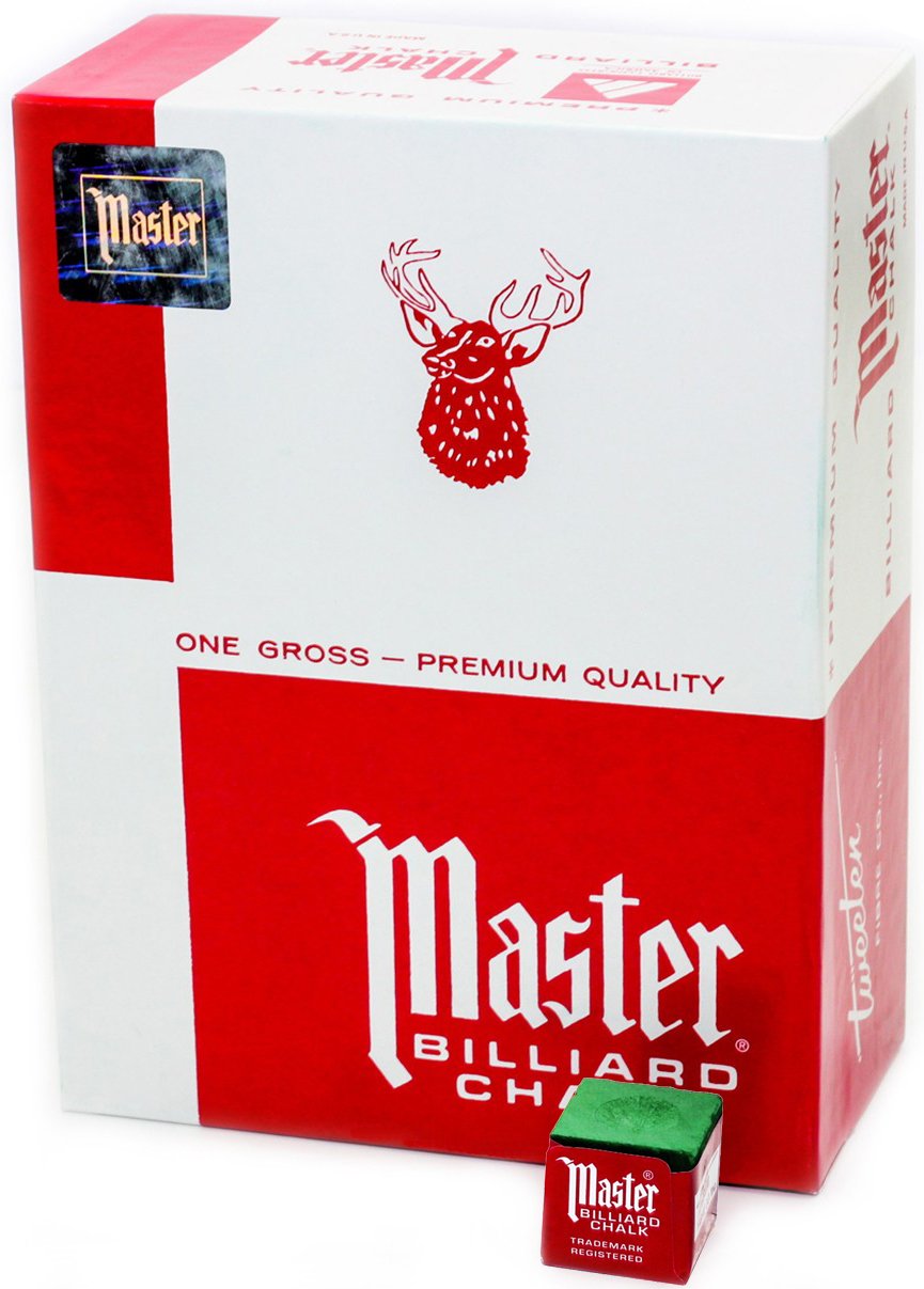 Master Billiard Pool Chalk, Pack of 144 Cubes, Green, with Protective Box - Professional Billiards Chalk for Smooth, Even Coating on Cue Tip - Pool Table Accessories Gifts for Men
