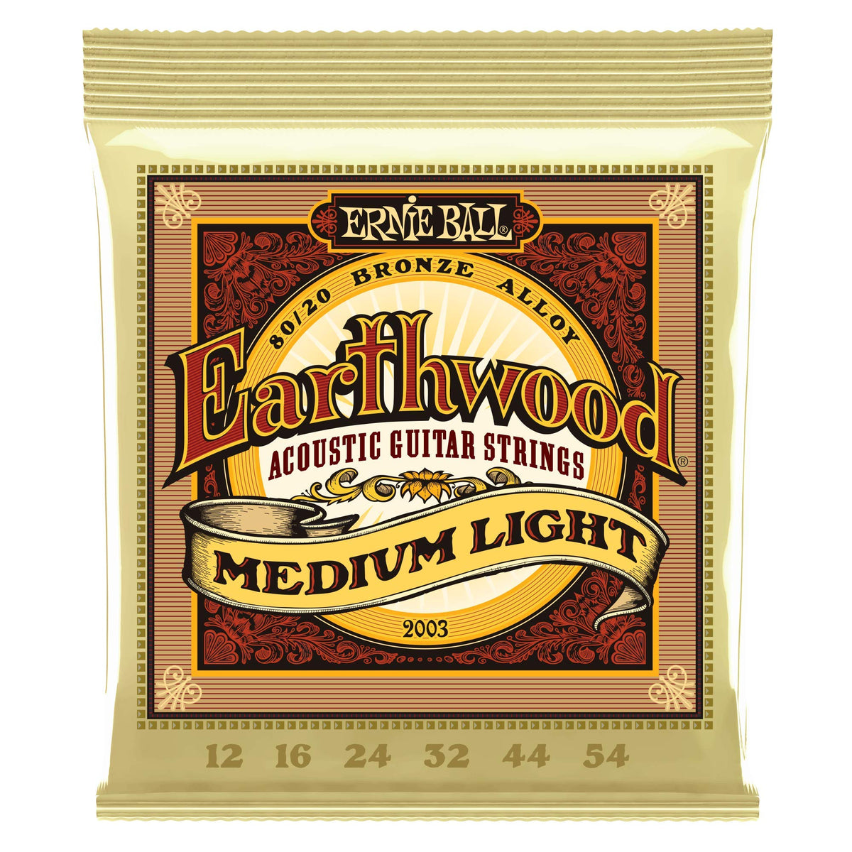 Ernie Ball 2003 Earthwood Medium Light Acoustic Guitar Strings 12-54 2 Pack