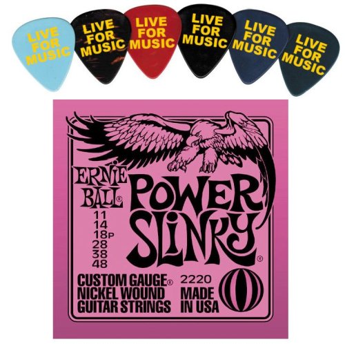 Ernie Ball 2220 Power Slinky Electric Guitar Strings w/ Bonus 6 Pack of LIVE FOR MUSIC Celluloid Picks - Medium
