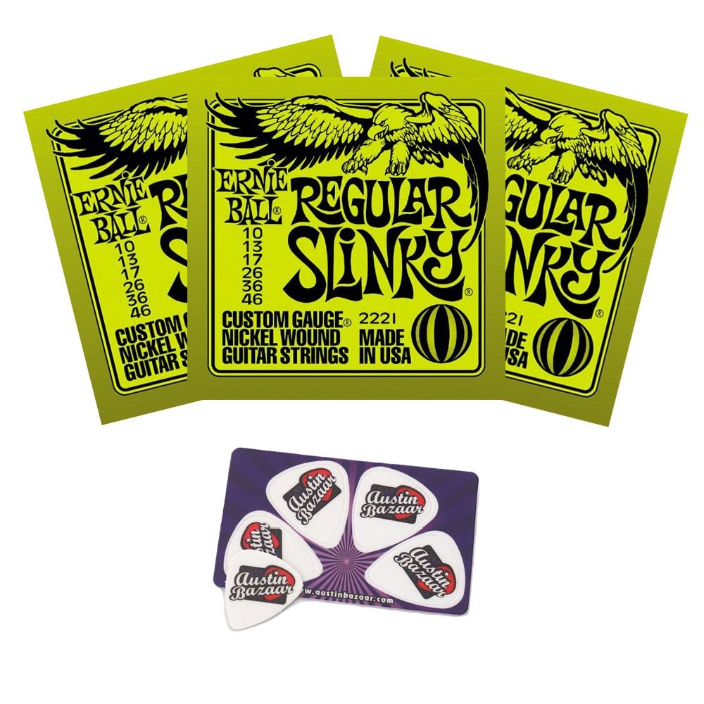 Ernie Ball 2221 Regular Slinky String Set (10-46) Electric Guitar Strings - 3 Pack with Picks