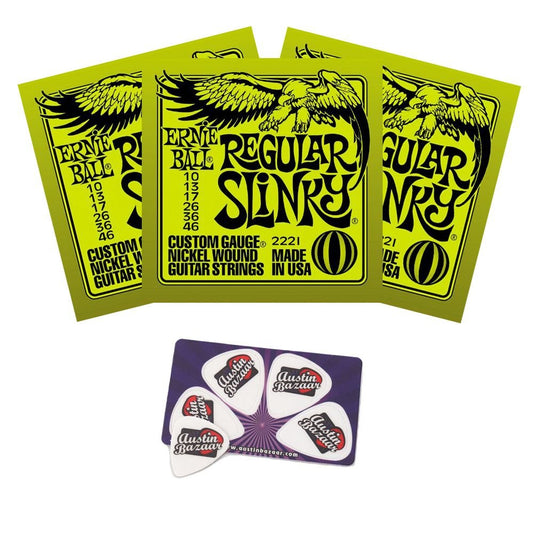 Ernie Ball 2221 Regular Slinky String Set (10-46) Electric Guitar Strings - 3 Pack with Picks