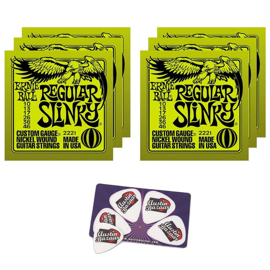 Ernie Ball 2221 Regular Slinky String Set (10-46) Electric Guitar Strings - 6 Pack with Picks