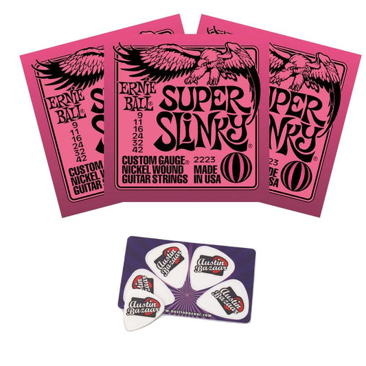 Ernie Ball 2223 Super Slinky String Set (9-42) Electric Guitar Strings - 3 Pack with Picks