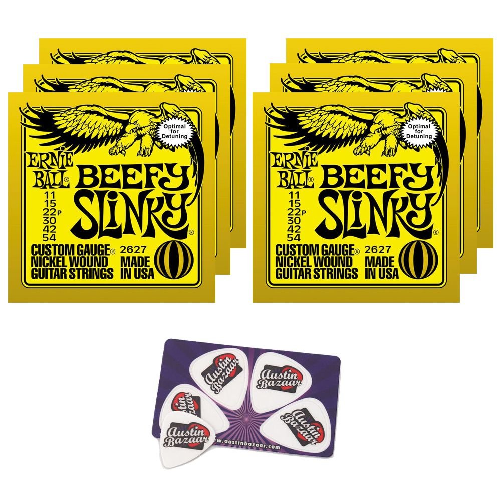 Ernie Ball 2627 Beefy Slinky String Set (11-54) Droptuning Electric Guitar Strings - 6 Pack with Picks