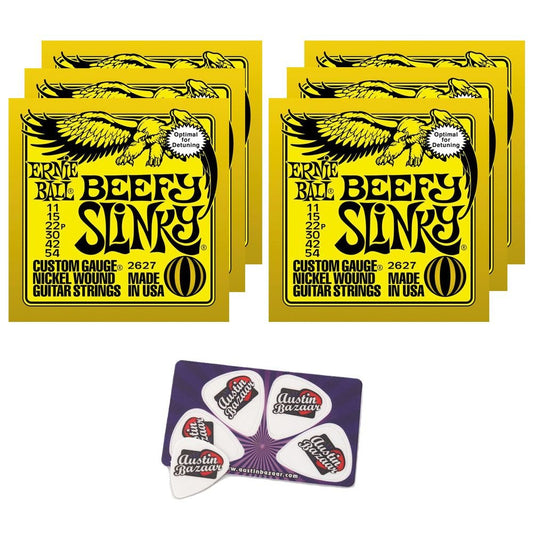 Ernie Ball 2627 Beefy Slinky String Set (11-54) Droptuning Electric Guitar Strings - 6 Pack with Picks