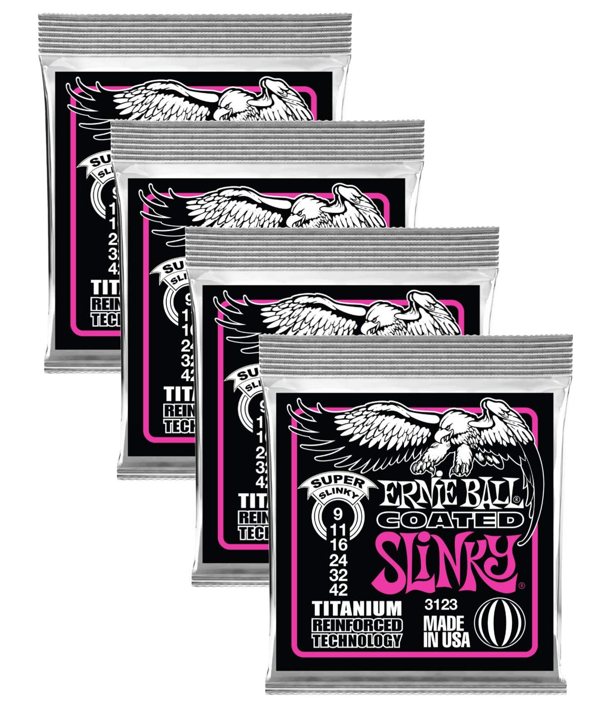Ernie Ball 3123 Coated Super Slinky Strings9-42, 4 Pack