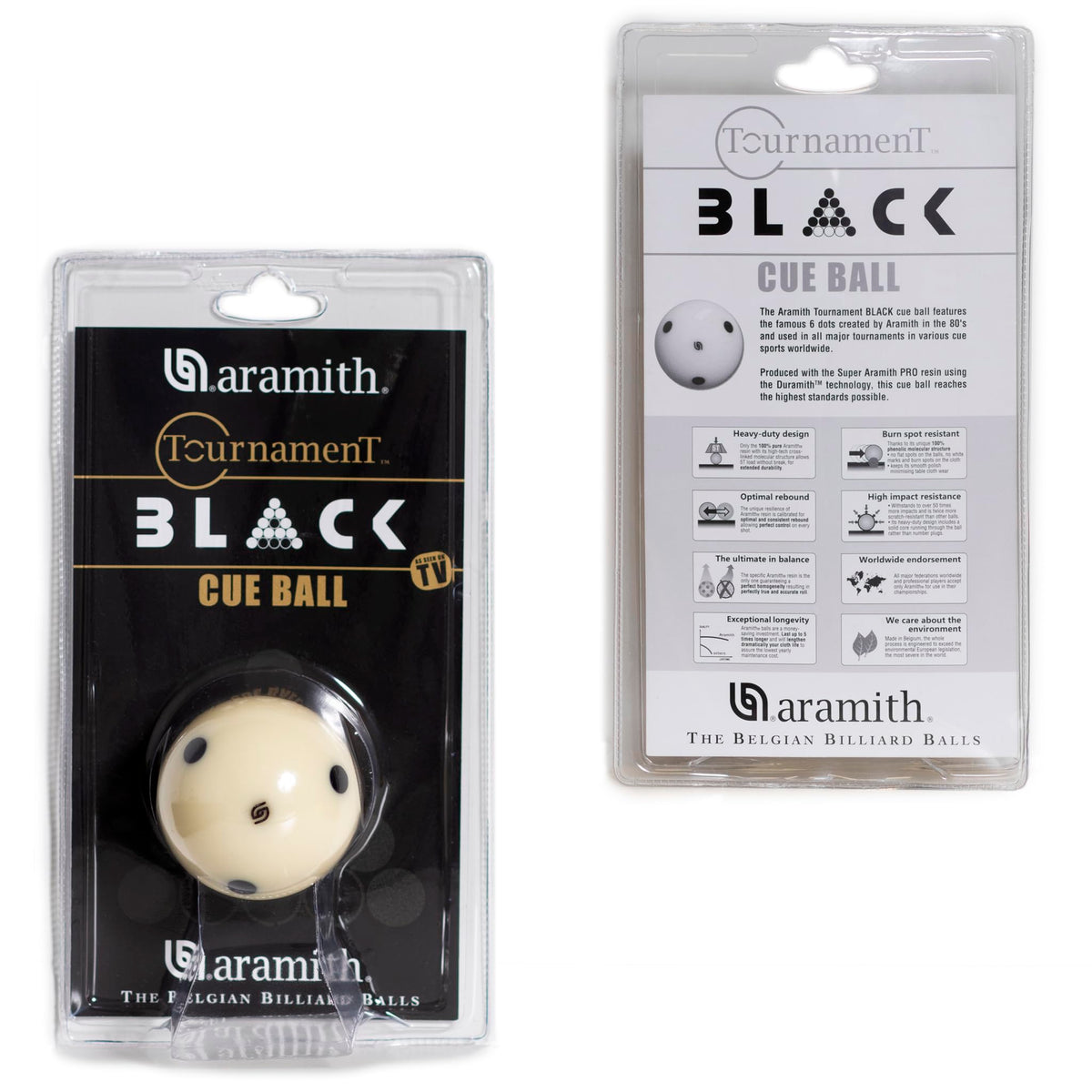 Aramith Tournament Black Billiard Pool Cue Ball 2 1/4" 6 Black Dots in a blister