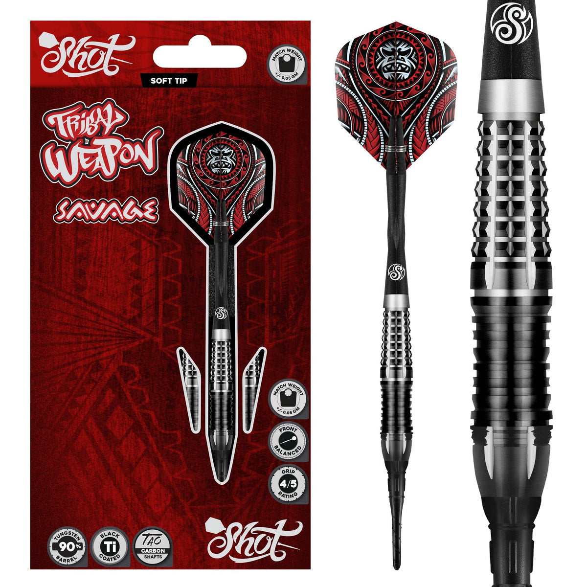 Shot Darts Soft Tip, Tribal Weapon Savage (18g/20g), 90% Tungsten   Barrels, Front Weighted with Precision Grips | Professional Soft Tip Darts   Set for Electronic Dartboard | Made in New Zealand