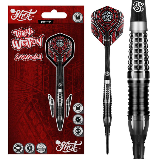 Shot Darts Soft Tip, Tribal Weapon Savage (18g/20g), 90% Tungsten   Barrels, Front Weighted with Precision Grips | Professional Soft Tip Darts   Set for Electronic Dartboard | Made in New Zealand
