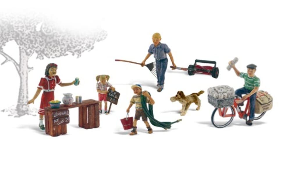 Summertime Jobs (Paperboy, Lawn Boy, Lemonade Stand w/3 Figures & Dog) HO Scale Woodland Scenics