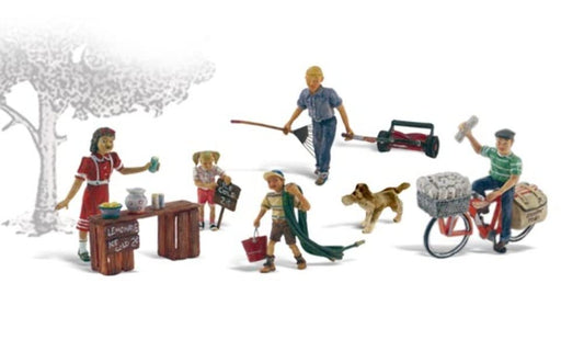 Summertime Jobs (Paperboy, Lawn Boy, Lemonade Stand w/3 Figures & Dog) HO Scale Woodland Scenics