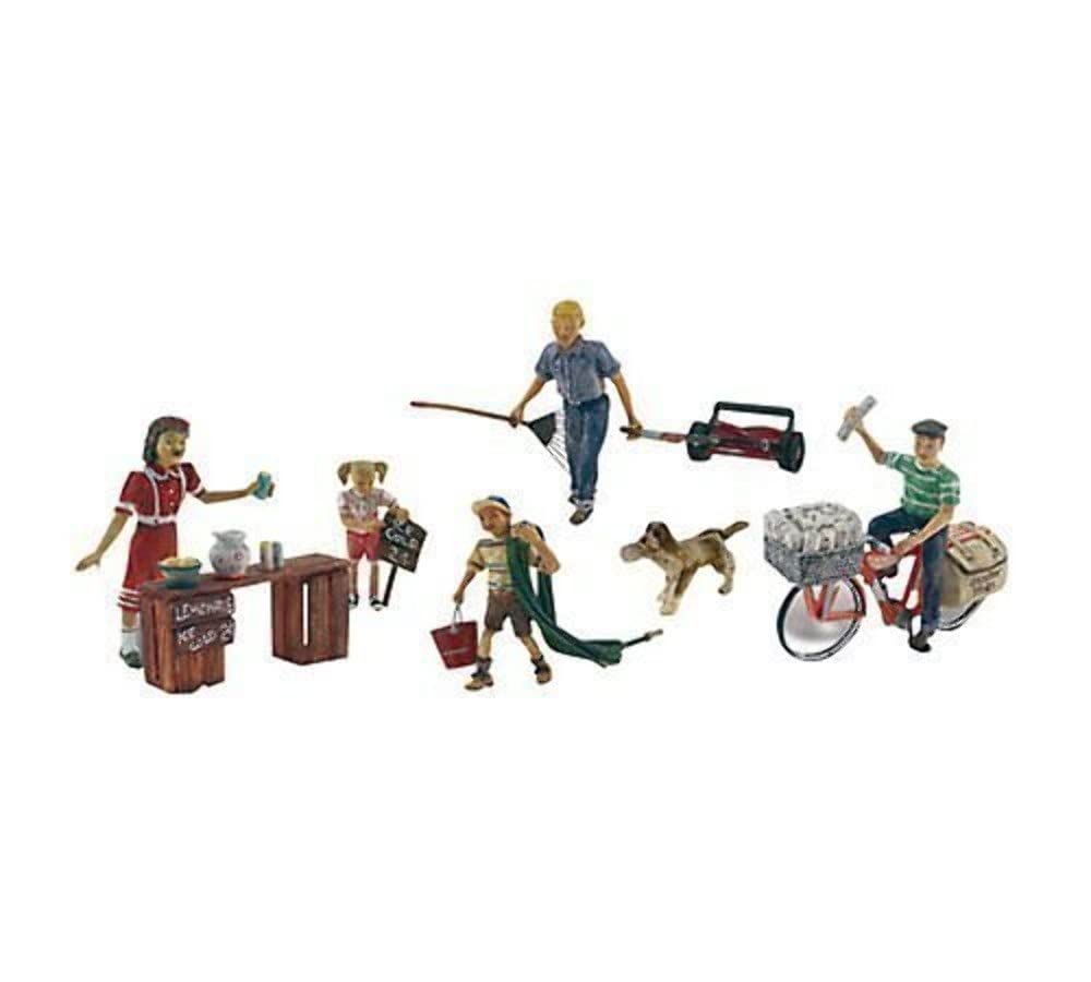 Summertime Jobs (Paperboy, Lawn Boy, Lemonade Stand w/3 Figures & Dog) HO Scale Woodland Scenics