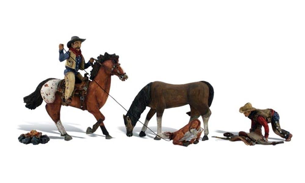 Ridin' & Ropin' (2 Cowboys, 2 Horse & Calf) HO Scale Woodland Scenics