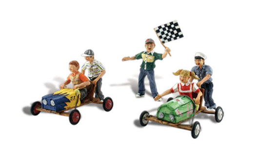 Scenic Accents Downhill Derby Racing (5 Children w/2 Carts) HO Scale Woodland Scenics