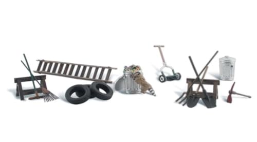 N Scenic Accents Garage Treasures (Tires, Ladder, Rake, Racoon etc.) Woodland Scenics