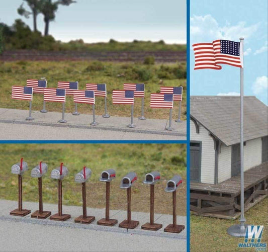 Walthers SceneMaster HO Scale Scenery Set 48-Star American/US Flags/Mailboxes