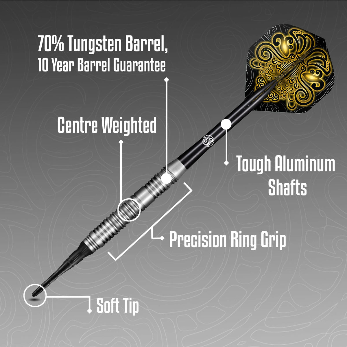 Shot! Darts Soft Tip TOA, 70% Tungsten Barrels, Center Weighted, Pro   Throwing Darts for Maximum Aerodynamics Handcrafted Professional Dart Set and   Flights Made in New Zealand, Plastic Tip Bar Darts