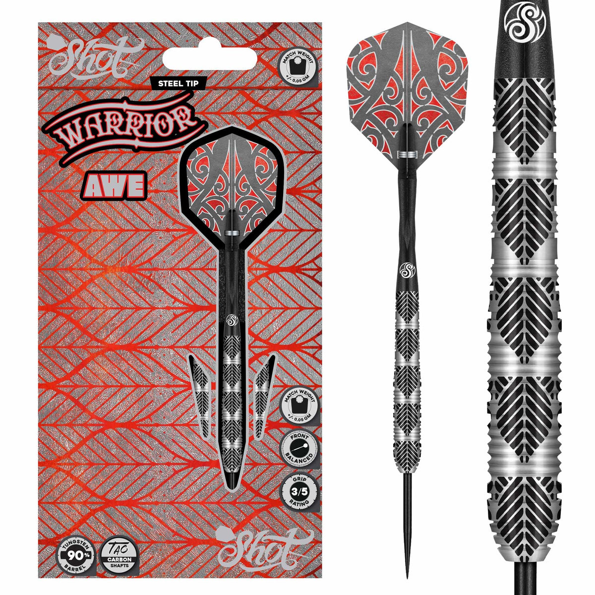 Shot! Darts Warrior Awe 90% Tungsten Steel tip Barrels, Balanced for   Maximum Aerodynamics Handcrafted Professional Dart Set and Flights Made in   New Zealand, Metal Tip Bar Darts