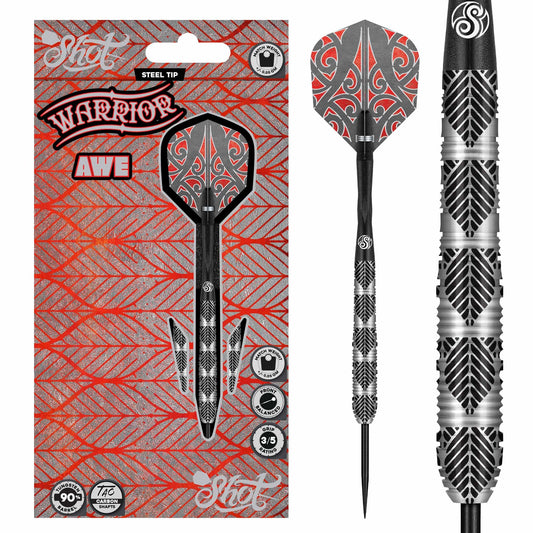 Shot! Darts Warrior Awe 90% Tungsten Steel tip Barrels, Balanced for   Maximum Aerodynamics Handcrafted Professional Dart Set and Flights Made in   New Zealand, Metal Tip Bar Darts