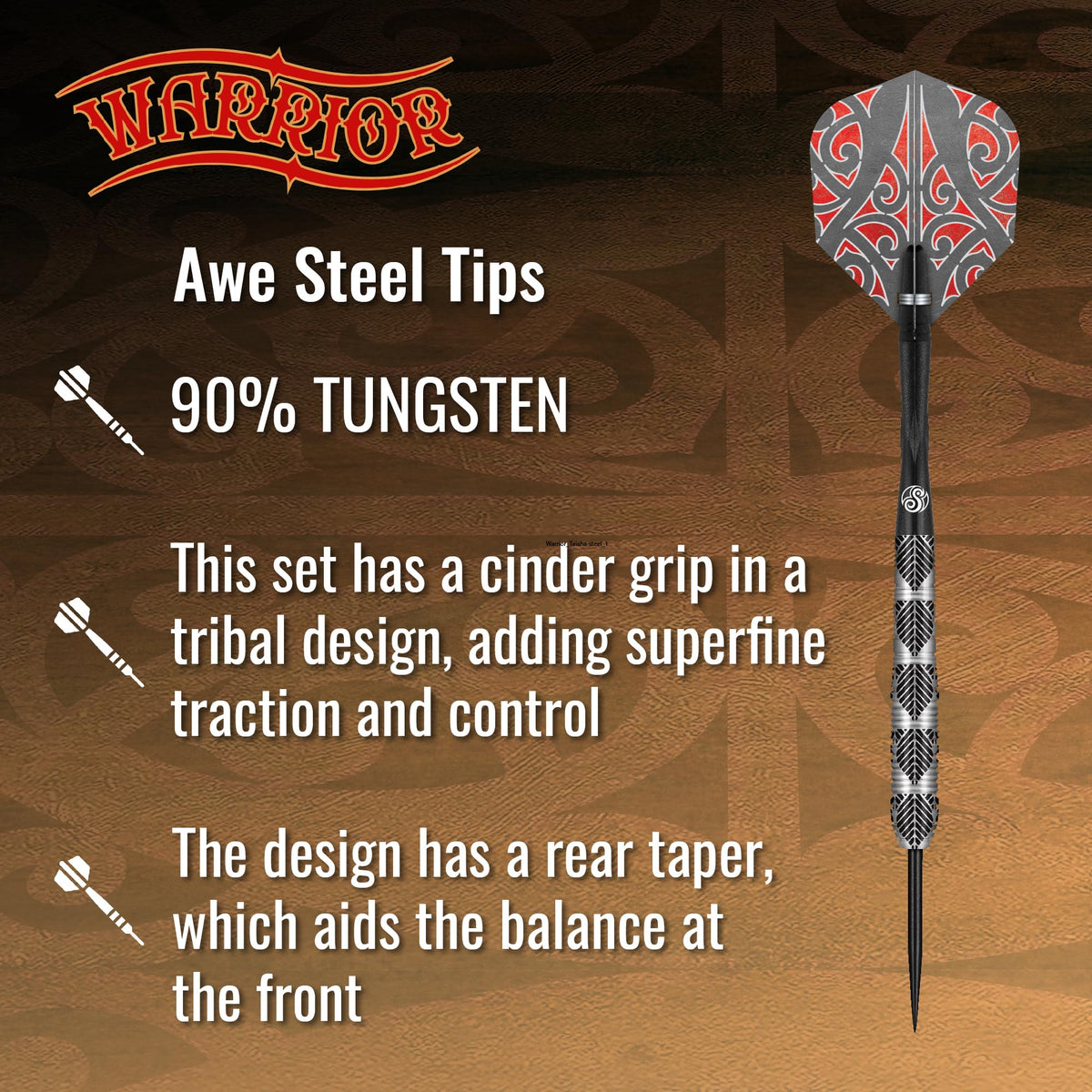 Shot! Darts Warrior Awe 90% Tungsten Steel tip Barrels, Balanced for   Maximum Aerodynamics Handcrafted Professional Dart Set and Flights Made in   New Zealand, Metal Tip Bar Darts