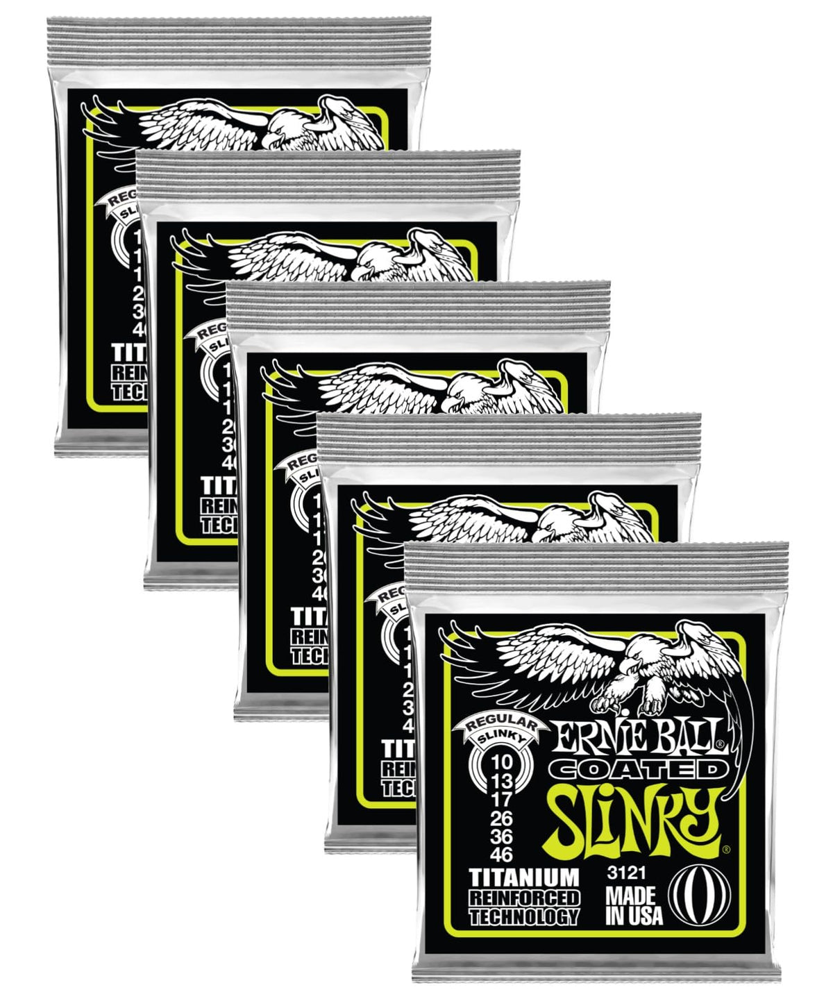 5 PACK Ernie Ball P03121 Coated Regular Slinky Strings, 10-46