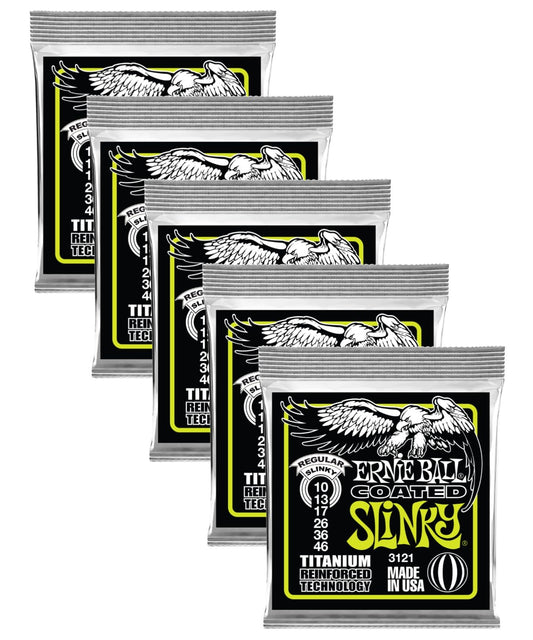 5 PACK Ernie Ball P03121 Coated Regular Slinky Strings, 10-46