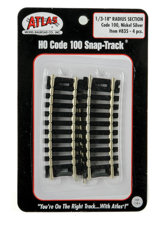 Atlas HO Scale Code 100 18" Radius Third-Curve 4-Pack Model Train Track