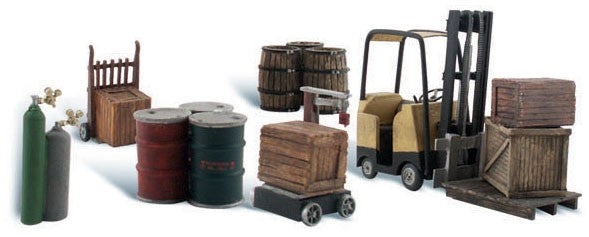 Loading Dock Details (Forklift, Crates, Barrels, Wellding Tanks & Hand Cart) HO Scale Woodland Scenics