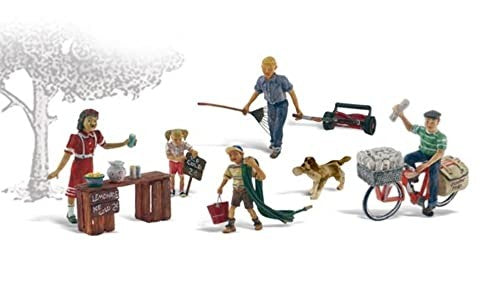 Summertime Jobs (Paperboy, Lawn Boy, Lemonade Stand w/3 Figures & Dog) HO Scale Woodland Scenics