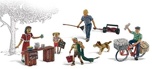 Summertime Jobs (Paperboy, Lawn Boy, Lemonade Stand w/3 Figures & Dog) HO Scale Woodland Scenics