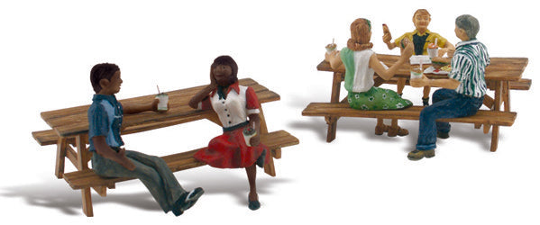 Outdoor Dining (5 Figures & 2 Picnic Tables) HO Scale Woodland Scenics