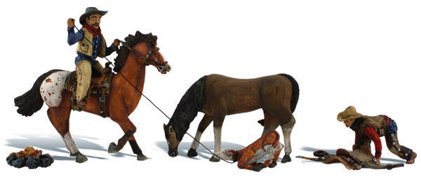 Ridin' & Ropin' (2 Cowboys, 2 Horse & Calf) HO Scale Woodland Scenics