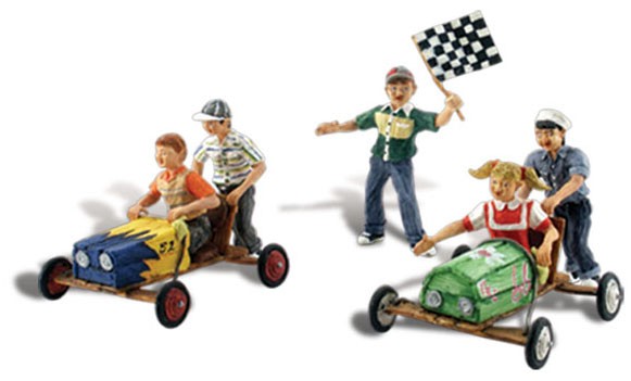 Scenic Accents Downhill Derby Racing (5 Children w/2 Carts) HO Scale Woodland Scenics