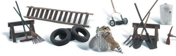 N Scenic Accents Garage Treasures (Tires, Ladder, Rake, Racoon etc.) Woodland Scenics