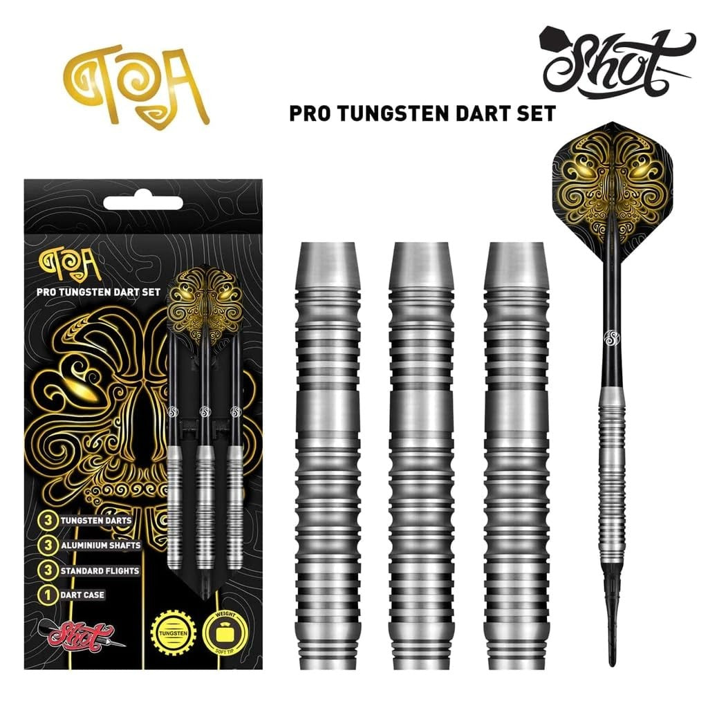 Shot! Darts Soft Tip TOA, 70% Tungsten Barrels, Center Weighted, Pro   Throwing Darts for Maximum Aerodynamics Handcrafted Professional Dart Set and   Flights Made in New Zealand, Plastic Tip Bar Darts
