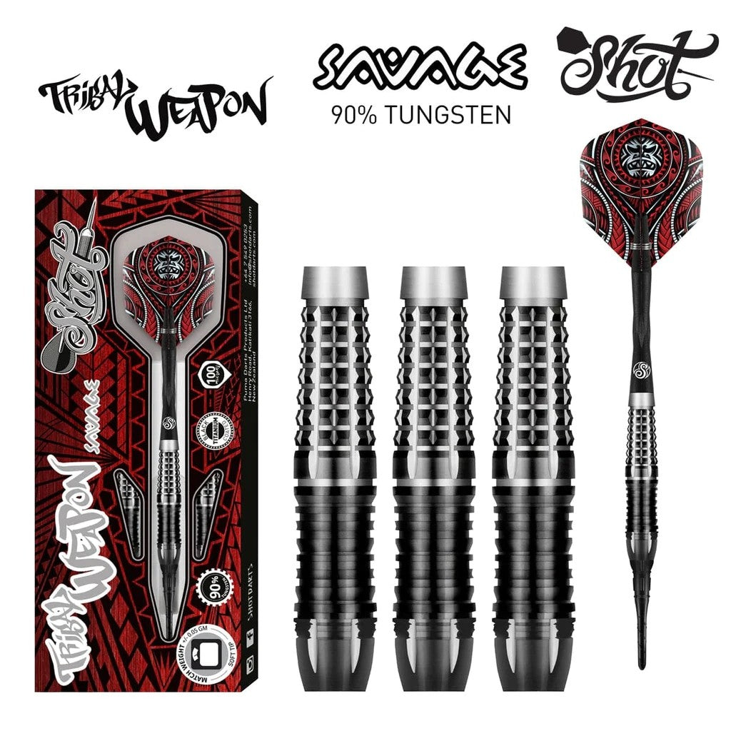 Shot Darts Soft Tip, Tribal Weapon Savage (18g/20g), 90% Tungsten   Barrels, Front Weighted with Precision Grips | Professional Soft Tip Darts   Set for Electronic Dartboard | Made in New Zealand