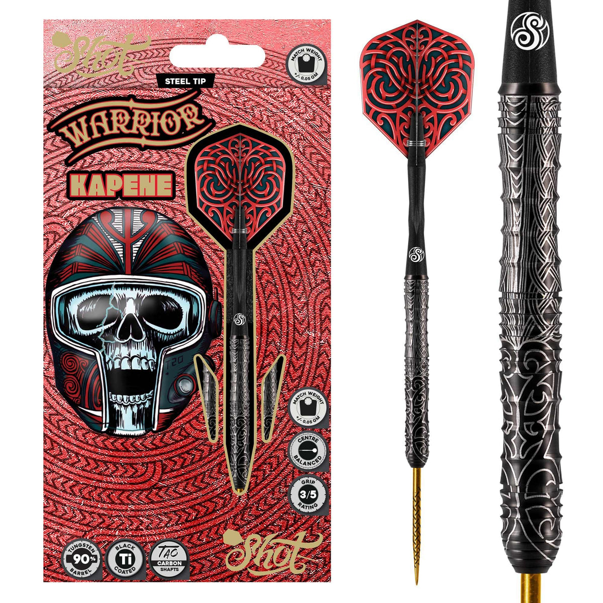 Shot! Darts Warrior Kapene Steel Tip Dart Set | 90% Tungsten Barrels |   Center Balanced for Maximum Aerodynamics | Handcrafted Pro Darts with Flights   | Metal Tip | Made in New Zealand (24gm)