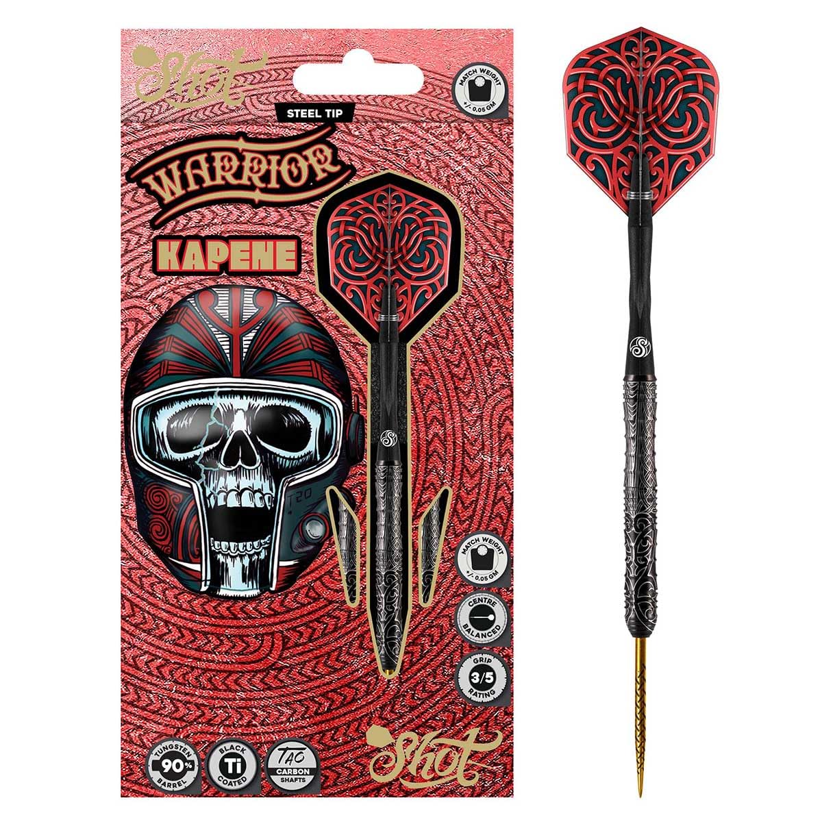 Shot! Darts Warrior Kapene Steel Tip Dart Set | 90% Tungsten Barrels |   Center Balanced for Maximum Aerodynamics | Handcrafted Pro Darts with Flights   | Metal Tip | Made in New Zealand (24gm)