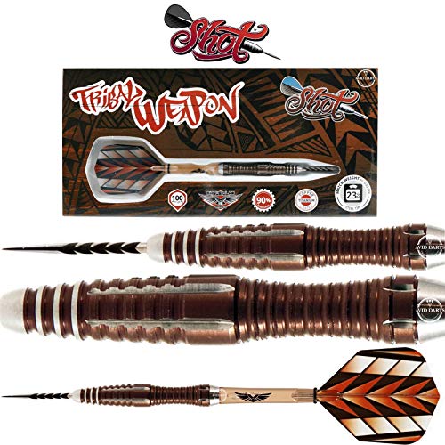 Shot Darts Steel Tip, Tribal Weapon Series 1, 90% Tungsten Barrels, Front   Weighted with Precision Grips, Handcrafted Professional Dart Set and Flights   Made in New Zealand, Metal Tip Bar Darts