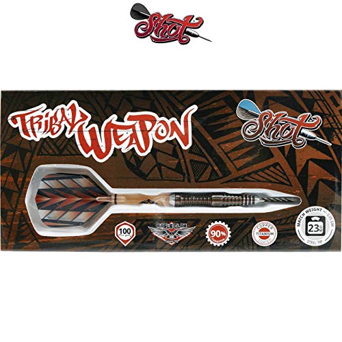 Shot Darts Steel Tip, Tribal Weapon Series 1, 90% Tungsten Barrels, Front   Weighted with Precision Grips, Handcrafted Professional Dart Set and Flights   Made in New Zealand, Metal Tip Bar Darts