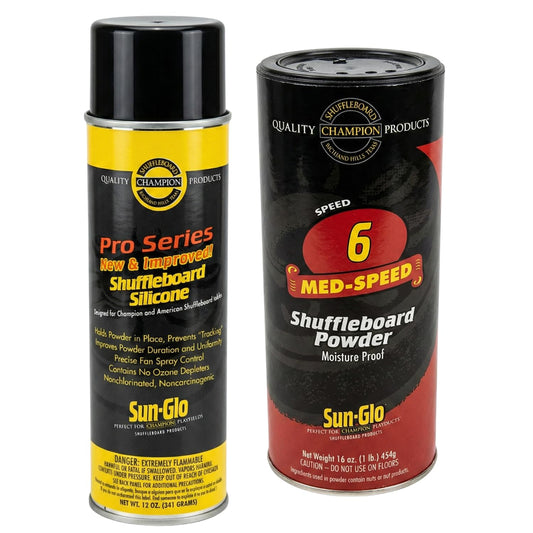Sun-Glo Shuffleboard Maintenance Bundle: Speed 6 Medium Speed Powder Wax   (16 oz) & Pro Series Silicone Spray (12 oz)