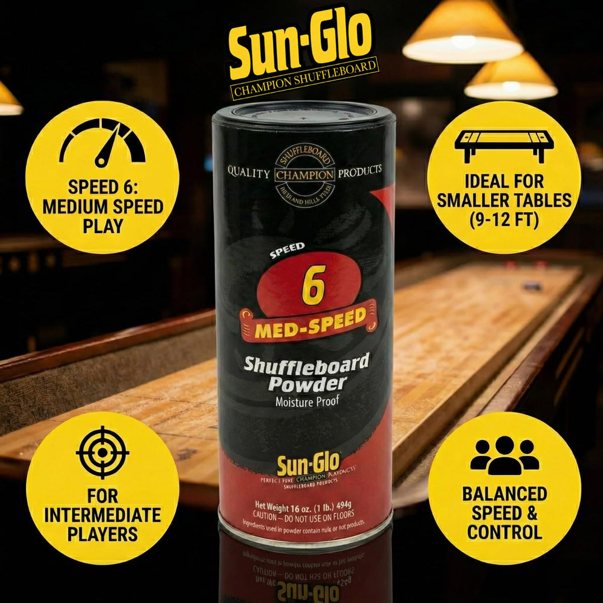 Sun-Glo Shuffleboard Maintenance Bundle: Speed 6 Medium Speed Powder Wax   (16 oz) & Pro Series Silicone Spray (12 oz)