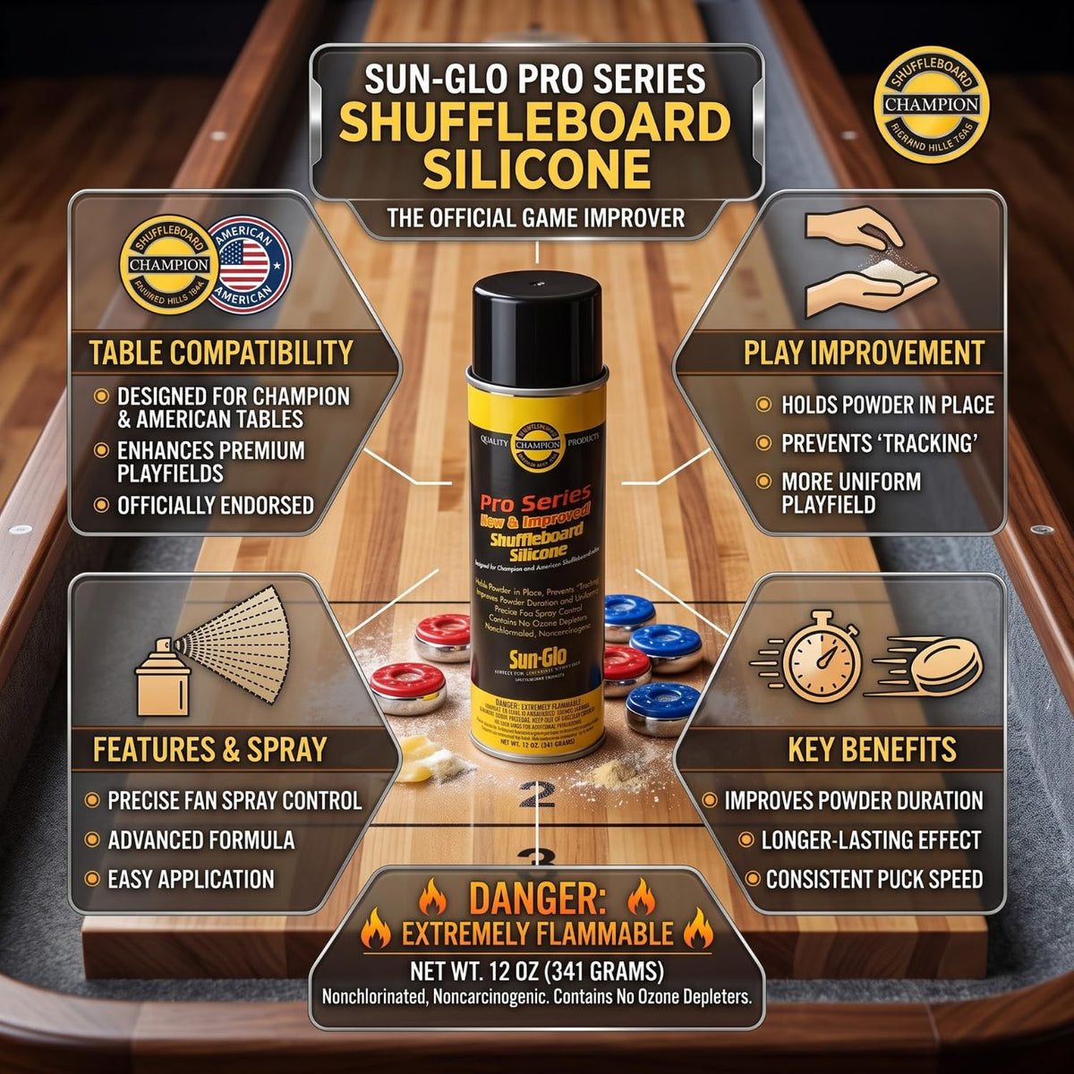 Sun-Glo Shuffleboard Maintenance Bundle: Speed 6 Medium Speed Powder Wax   (16 oz) & Pro Series Silicone Spray (12 oz)