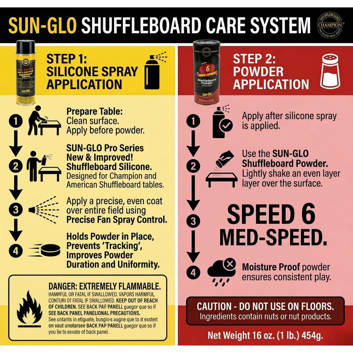 Sun-Glo Shuffleboard Maintenance Bundle: Speed 6 Medium Speed Powder Wax   (16 oz) & Pro Series Silicone Spray (12 oz)